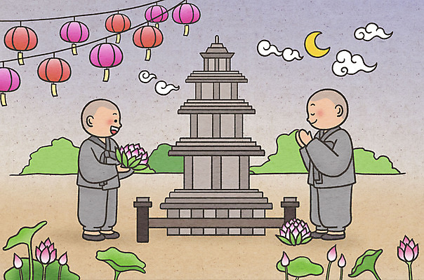 전신 PSD 구름 남자 어린이 불교 일러스트 연꽃 서기 들기 소년 두명 눈감음 부처님오신날 기도 사찰 석탑 야간 동자승 부처 연등 승복 합장 소년만 국내일러스트 자연요소 기념일 꽃 종교 종교건축 모션 사람 손짓 탑 등불 승려 불교용품 남자만 어린이만 파일형식