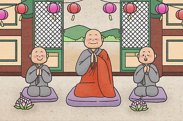 PSD 남자 어린이 불교 일러스트 방석 미소 소년 성인 세명 눈감음 부처님오신날 기도 사찰 무릎꿇기 승려 동자승 연등 승복 합장 남자만 국내일러스트 기념일 종교 종교건축 모션 표정 사람 손짓 등불 성직자 불교용품 파일형식