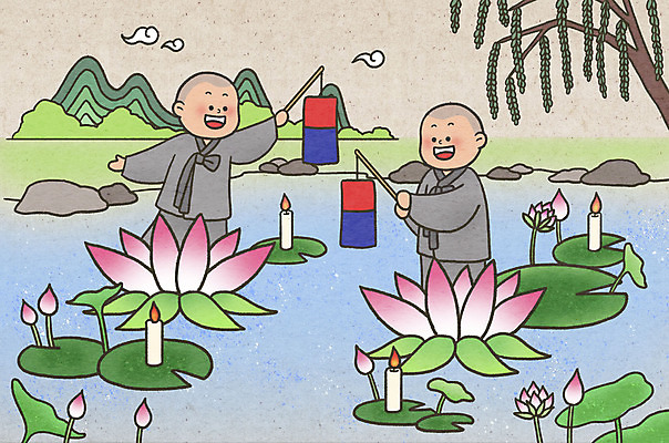 PSD 남자 어린이 불교 일러스트 초 산 연꽃 서기 들기 소년 상반신 두명 부처님오신날 연못 승려 버드나무 연잎 청사초롱 동자승 승복 소년만 국내일러스트 나무 기념일 꽃 종교 잎 모션 사람 성직자 초롱 남자만 어린이만 파일형식