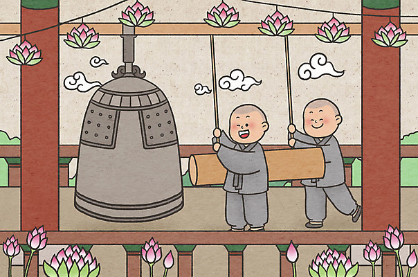 PSD 구름 남자 어린이 불교 일러스트 연꽃 서기 소년 두명 부처님오신날 종 잡기 동자승 부처 연등 승복 소년만 국내일러스트 자연요소 기념일 꽃 종교 모션 사람 등불 승려 불교용품 남자만 어린이만 파일형식