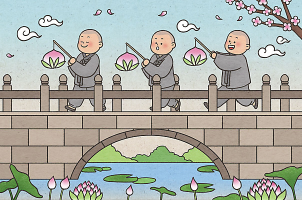 PSD 구름 남자 꽃잎 어린이 불교 일러스트 꽃나무 연꽃 서기 들기 소년 세명 부처님오신날 연못 동자승 연등 승복 건너기 낙화 가교 소년만 국내일러스트 자연요소 나무 건축물 기념일 꽃 종교 모션 사람 등불 승려 불교용품 남자만 어린이만 파일형식