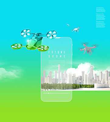 PSD 나무 구름 편집이미지 사람없음 건물 초록색 파란색 스마트폰 도시 드론 모빌리티 이미지편집 자연요소 식물 건축물 교통수단 컬러 핸드폰 스마트기기 파일형식