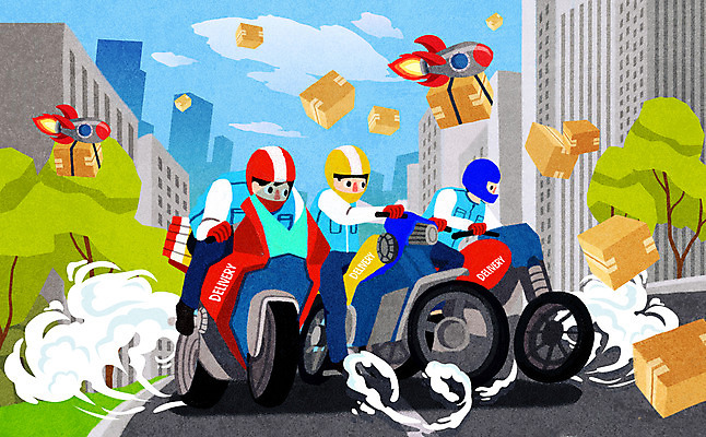 전신 PSD 구름 남자 일러스트 앉기 성인 건물 세명 로켓 오토바이 택배기사 배송 택배 속도 택배상자 드론 퀵 성인남자만 당일배송 국내일러스트 자연요소 건축물 모션 사람 상자 바이크 운송업 배달원 퀵서비스 남자만 성인만 파일형식