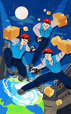 전신 PSD 구름 남자 지구 일러스트 들기 성인 건물 세명 달 택배기사 남색 택배 속도 무전기 스포트라이트 택배상자 퀵 성인남자만 새벽배송 당일배송 국내일러스트 자연요소 건축물 컬러 모션 무선통신 사람 상자 운송업 배달원 배송 퀵서비스 남자만 성인만 파일형식