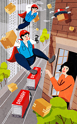 전신 PSD 나무 여자 남자 일러스트 창문 들기 상반신 성인 건물 세명 택배기사 망토 배송 택배 속도 무전기 택배상자 드론 퀵 성인만 당일배송 탑차 국내일러스트 식물 건축물 모션 무선통신 사람 상자 트럭 운송업 배달원 퀵서비스 파일형식