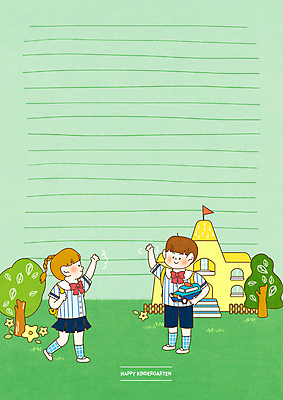 전신 PSD 나무 여자 남자 어린이 가방 일러스트 서기 들기 소녀 소년 두명 초록색 유치원 유치원생 인사 편지지 등교 하교 손인사 유치원복 어린이만 국내일러스트 식물 잡화 옷 교육 컬러 모션 사람 예절 편지 등하교 파일형식