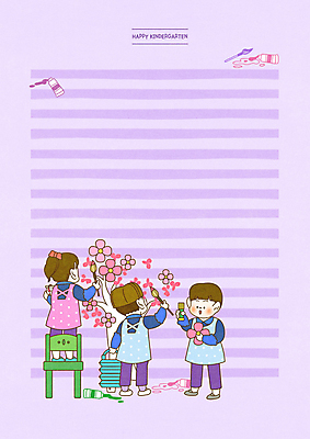 전신 PSD 나무 여자 남자 어린이 의자 일러스트 미술 서기 들기 소녀 소년 세명 보라색 앞치마 물감 유치원 유치원생 벚꽃 붓 딱풀 그리기 물통 편지지 색종이 어린이만 국내일러스트 식물 교육 꽃 종이 컬러 가구 모션 문화예술 사람 미술도구 풀_접착제 편지 파일형식