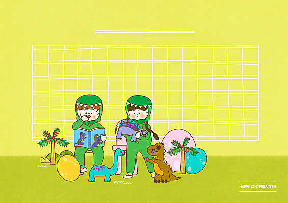 전신 PSD 여자 남자 어린이 인형 일러스트 서기 들기 앉기 소녀 소년 두명 책 야자수 분장 노란색 유치원 유치원생 편지지 공룡 공룡알 원고지 어린이만 국내일러스트 나무 교육 컬러 파충류 모션 사람 알 편지 파일형식