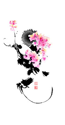 PSD 줄기 꽃다발 잎 일러스트 캘리그라피 붓터치 사람없음 진달래 동양화 번짐 낙관 국내일러스트 식물 꽃 미술 파일형식 효과