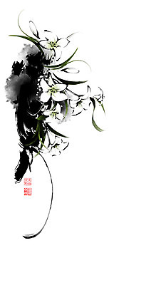 PSD 잎 일러스트 캘리그라피 붓터치 사람없음 백합 동양화 번짐 낙관 국내일러스트 식물 꽃 미술 파일형식 효과