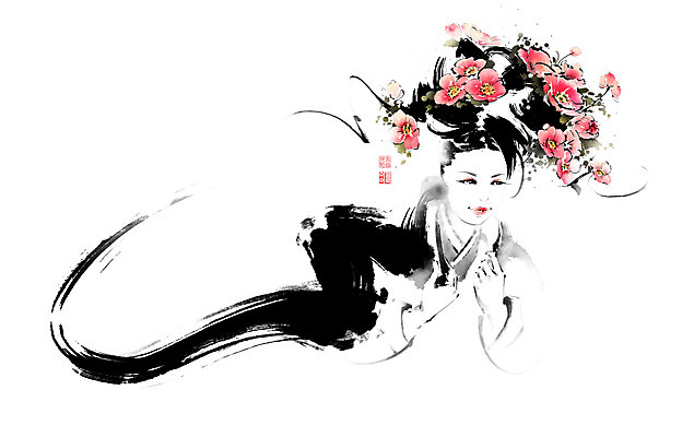PSD 여자 줄기 일러스트 장신구 캘리그라피 붓터치 한명 상반신 성인 화관 한복 동양화 번짐 양귀비 낙관 가채 성인여자한명만 헤어액세사리 국내일러스트 식물 1 한국전통 꽃 미술 사람 장식 전통의상 여자한명만 성인여자만 파일형식 효과