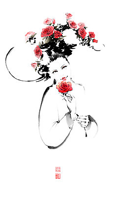 PSD 여자 일러스트 장신구 캘리그라피 붓터치 한명 들기 상반신 성인 장미 한복 동양화 번짐 낙관 가채 성인여자한명만 헤어액세사리 국내일러스트 1 한국전통 꽃 모션 미술 사람 장식 전통의상 여자한명만 성인여자만 파일형식 효과