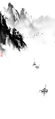 PSD 호수 일러스트 캘리그라피 조류 붓터치 산 풍경 사람없음 동양화 번짐 낙관 산수화 운무 선박 국내일러스트 동물 수상교통 미술 파일형식 효과