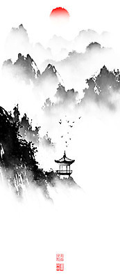 PSD 일러스트 캘리그라피 조류 붓터치 산 풍경 사람없음 계곡 동양화 산등성이 정자 번짐 낙관 산수화 국내일러스트 동물 건축물 미술 파일형식 효과