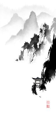 PSD 일러스트 캘리그라피 붓터치 산 풍경 사람없음 계곡 동양화 산등성이 정자 번짐 낙관 산수화 국내일러스트 건축물 미술 파일형식 효과