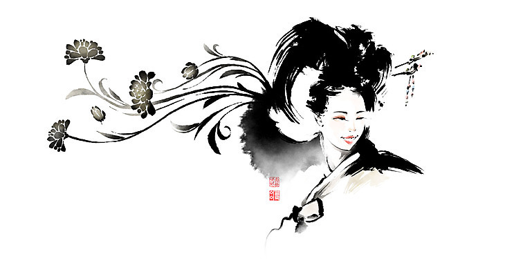 PSD 여자 꽃 일러스트 장신구 캘리그라피 붓터치 한명 미소 상반신 성인 한복 동양화 번짐 비녀 낙관 가채 성인여자한명만 헤어액세사리 국내일러스트 식물 1 한국전통 전통소품 표정 미술 사람 장식 전통의상 여자한명만 성인여자만 파일형식 효과