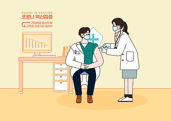 전신 PSD 여자 남자 일러스트 그래프 병원 주사기 마스크 서기 앉기 상반신 성인 두명 모니터 의사 의사가운 책상 예방접종 의료기관 접종 성인만 코로나바이러스 무료접종 델타변이바이러스 국내일러스트 가구 의학 의료기기 모션 사람 컴퓨터 의료진 가운 바이러스 파일형식