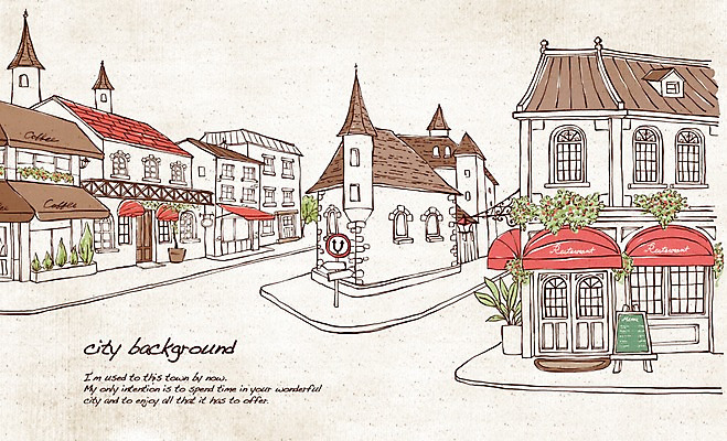 PSD 유럽 화분 선 여행 백그라운드 일러스트 지붕 거리 주택 풍경 사람없음 건물 관광지 레스토랑 칠판 카페 도시 표지판 복고 손그림 노천카페 복잡 국내일러스트 건축물 나라 컨셉 알림판 상점 식당 파일형식