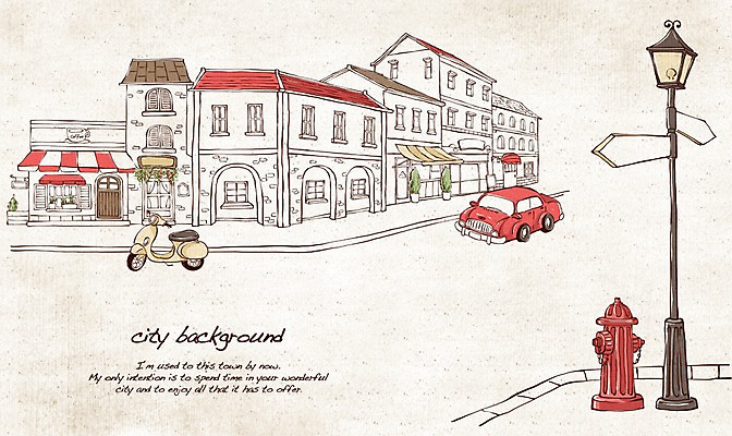 PSD 유럽 길 선 여행 백그라운드 가로등 일러스트 자동차 지붕 거리 주택 풍경 사람없음 건물 관광지 카페 스쿠터 도시 표지판 복고 손그림 소화전 복잡 국내일러스트 건축물 공공시설 나라 육상교통 컨셉 알림판 상점 오토바이 안전장비 파일형식