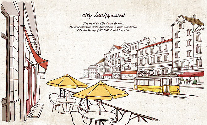 PSD 유럽 선 여행 백그라운드 의자 일러스트 자동차 탁자 지붕 거리 버스 주택 풍경 사람없음 건물 관광지 카페 도시 파라솔 복고 손그림 노천카페 복잡 국내일러스트 건축물 나라 육상교통 가구 컨셉 대중교통 상점 파일형식