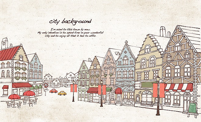 PSD 유럽 선 여행 백그라운드 가로등 일러스트 자동차 지붕 거리 주택 풍경 사람없음 건물 관광지 카페 도시 파라솔 표지판 복고 손그림 연립주택 복잡 국내일러스트 건축물 공공시설 나라 육상교통 컨셉 알림판 상점 파일형식