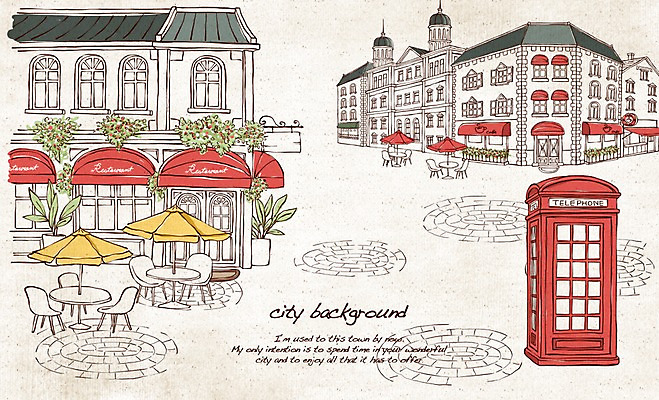 PSD 유럽 화분 선 여행 백그라운드 일러스트 지붕 거리 주택 풍경 사람없음 건물 관광지 카페 도시 파라솔 복고 손그림 노천카페 복잡 국내일러스트 건축물 나라 컨셉 상점 파일형식