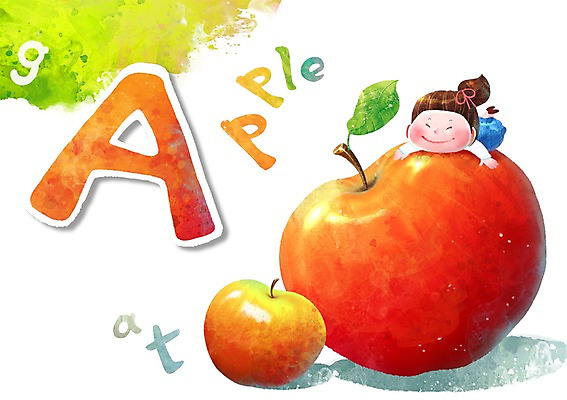 PSD 문자 알파벳 여자 어린이교육 교육 어린이 백그라운드 과일 일러스트 그림자 한명 웃음 사람 빨간색 단어 사과 A 글자공부 글자배경 어린이만 국내일러스트 1 영어 컬러 표정 파일형식