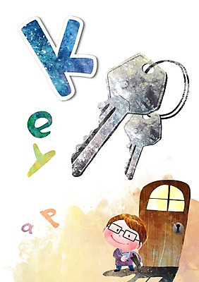 PSD 문자 알파벳 어린이교육 교육 어린이 백그라운드 일러스트 열쇠 한명 사람 단어 문 현관문 글자공부 K 글자배경 남자한명만 어린이만 국내일러스트 1 영어 남자만 파일형식