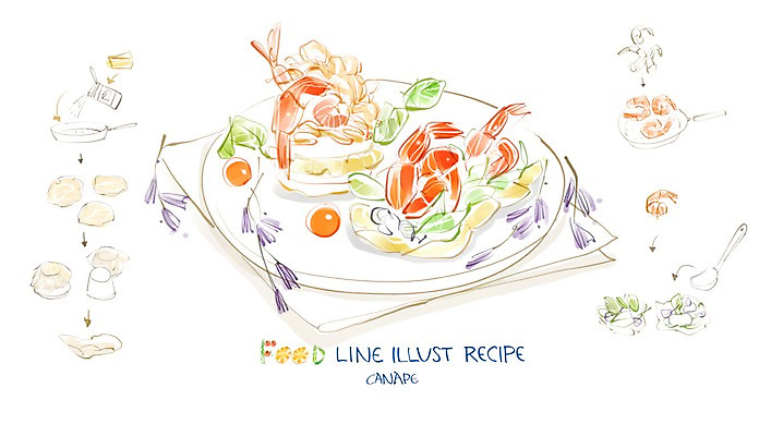 PSD 접시 음식 라인일러스트 일러스트 식재료 페인터 치즈 새우 사람없음 흐름 프라이팬 카나페 레시피 과정 파마산치즈 국내일러스트 식기 컨셉 페인팅 주방용품 유제품 서양음식 갑각류 파일형식