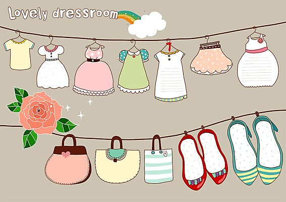 PSD 드레스 옷 구두 말풍선 일러스트 프레임 틀 사람없음 빨간색 쇼핑백 장미 빨랫줄 옷걸이 빨래집게 드레스룸 국내일러스트 꽃 줄 컬러 신발 가방 집게 파일형식