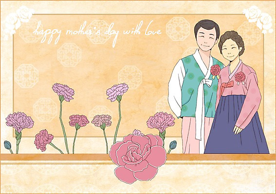 PSD 템플릿 여자 남자 50대 카드템플릿 엄마 사랑 미소 웃음 사람 성인 두명 부모 아빠 전통의상 한복 어버이날 카네이션 5월행사 중년만 성인만 이미지템플릿 카드프레임 한국전통 전통 기념일 꽃 감정 중년 가족 카드_감사 프레임 표정 이벤트 5월 파일형식