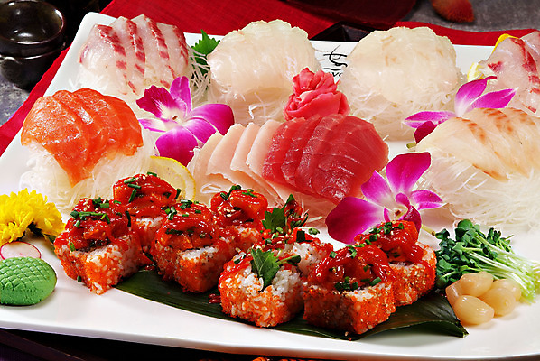 포토 JPG 스튜디오촬영 그릇 꽃 음식 일본문화 실내 요리 사람없음 장식 생선회 회 참치 롤 무순 락교 롤스시 모듬회 참치회 일본음식 국내포토 식물 동양문화 식기 외국문화 어류 내부 초밥 새싹채소 염교 파일형식