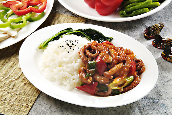 포토 JPG 스튜디오촬영 한국문화 그릇 접시 한식 음식 밥 피망 실내 요리 사람없음 장식 덮밥 낙지볶음 낙지덮밥 국내포토 동양문화 식기 채소 한국 내부 파일형식