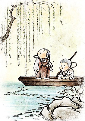 PSD 나무 종교 여유 어린이 불교 일러스트 사람 소년 두명 강 믿음 부처님오신날 돌_바위 바위 강가 나룻배 버드나무 연잎 동자승 염주 선박 남자만 어린이만 소년만 국내일러스트 식물 기념일 남자 감정 수상교통 잎 배_교통 승려 불교용품 파일형식