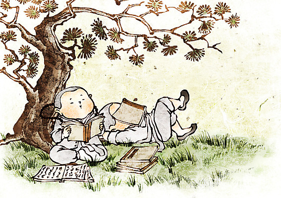 PSD 나무 종교 여유 어린이 불교 일러스트 사람 소년 잔디 두명 믿음 부처님오신날 읽기 동자승 불경 남자만 어린이만 소년만 국내일러스트 식물 기념일 남자 감정 모션 승려 파일형식