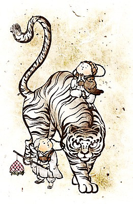 PSD 동물 한마리 종교 여유 어린이 불교 일러스트 사람 소년 두명 믿음 부처님오신날 호랑이 동자승 맹수 연등 남자만 어린이만 소년만 국내일러스트 1 기념일 남자 감정 포유류 등불 승려 불교용품 파일형식