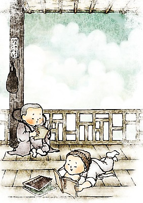 PSD 종교 여유 어린이 불교 일러스트 사람 소년 두명 책 독서 믿음 부처님오신날 마루 정자 동자승 봇짐 불경 남자만 어린이만 소년만 국내일러스트 건축물 기념일 남자 감정 바닥 승려 파일형식