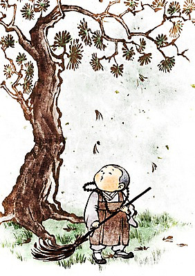 PSD 나무 종교 여유 어린이 잎 불교 일러스트 나뭇잎 한명 사람 소년 믿음 부처님오신날 소나무 빗자루 청소 동자승 솔잎 남자만 남자한명만 어린이만 소년만 소년한명만 국내일러스트 식물 1 기념일 남자 감정 승려 청소도구 파일형식