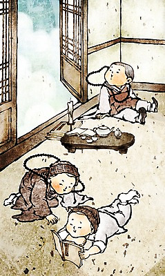 PSD 종교 여유 어린이 불교 일러스트 초 사람 소년 세명 믿음 부처님오신날 찻잔 동자승 불경 남자만 어린이만 소년만 국내일러스트 기념일 남자 감정 잔 승려 파일형식