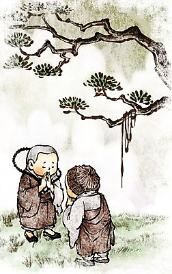 PSD 나무 종교 여유 어린이 불교 일러스트 사람 소년 잔디 두명 믿음 부처님오신날 동자승 합장 남자만 어린이만 소년만 국내일러스트 식물 기념일 남자 감정 손짓 승려 파일형식