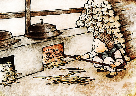 PSD 종교 여유 어린이 불교 일러스트 밥 사람 소년 믿음 주방 부처님오신날 나뭇가지 가마솥 아궁이 장작 동자승 남자만 어린이만 소년만 국내일러스트 나무 기념일 남자 감정 음식 솥 승려 파일형식