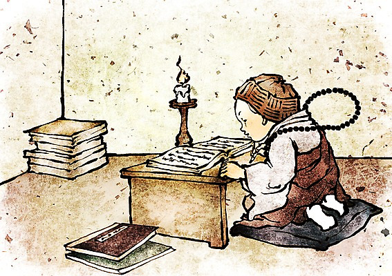 PSD 종교 여유 어린이 불교 일러스트 초 촛불 한명 사람 소년 믿음 방 부처님오신날 책상 동자승 불경 남자만 남자한명만 어린이만 소년만 소년한명만 국내일러스트 1 기념일 남자 감정 가구 승려 파일형식