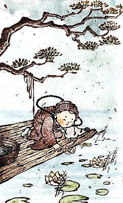 PSD 나무 종교 여유 어린이 불교 일러스트 연꽃 한명 사람 소년 소쿠리 믿음 부처님오신날 연못 소나무 연잎 동자승 뗏목 남자만 남자한명만 어린이만 소년만 소년한명만 국내일러스트 식물 1 기념일 남자 꽃 감정 교통수단 잎 배_교통 바구니 승려 파일형식