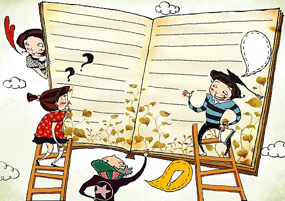 PSD 구름 학생 어린이교육 교육 초등학생 어린이 다수 말풍선 일러스트 교과목 수업 사람 소녀 소년 여러명 책 독서 물음표 느낌표 어린이만 국내일러스트 자연요소 기호 여자 남자 파일형식