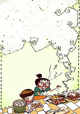 PSD 학생 어린이교육 교육 초등학생 어린이 말풍선 일러스트 교과목 가정 가족 수업 도마 요리 사람 소녀 두명 칼 냄비 만두 여자만 어린이만 국내일러스트 여자 음식 관계 주방용품 솥 파일형식