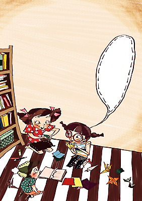 PSD 학생 어린이교육 교육 초등학생 어린이 말풍선 일러스트 교과목 수업 책장 사람 소녀 소년 책 세명 종이접기 색종이 어린이만 국내일러스트 여자 남자 종이 가구 접기 파일형식