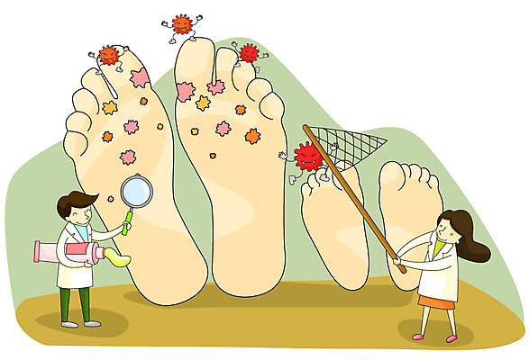 EPS 여자 남자 일러스트 의학 맨발 발 건강 미소 웃음 사람 두명 치료 30대 건강관리 의사 도움 보호 질병 질병관리 발바닥 박테리아 무좀 무좀약 장년만 성인만 국내일러스트 컨셉 표정 관리 신체부위 장년 의료진 파일형식 벡터