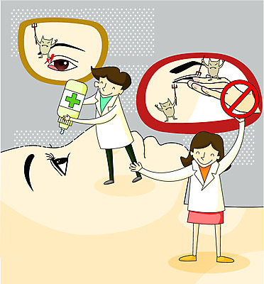 EPS 여자 남자 얼굴 일러스트 의학 건강 미소 웃음 사람 두명 치료 건강관리 환자 간호사 의사 도움 보호 질병 질병관리 안과 박테리아 눈병 다래끼 안약 안구 눈건강 국내일러스트 컨셉 표정 병원 관리 신체부위 의료진 파일형식 벡터