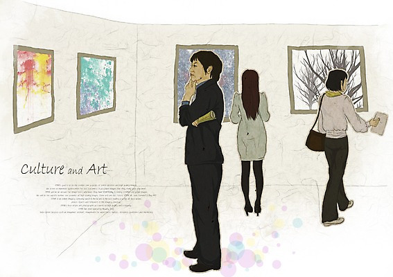 PSD 여자 남자 문화 예술 40대 일러스트 추상 문화예술 사람 세명 30대 감상 전시회 즐거움 그림 작품 관람 성인만 국내일러스트 감정 중년 무늬 미술 장년 전시 파일형식