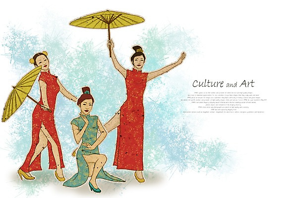 PSD 여자 문화 예술 일러스트 우산 문화예술 미소 웃음 사람 10대 세명 중국 춤 전통의상 치파오 즐거움 전통무용 여자만 십대만 십대여자만 국내일러스트 전통 감정 아시아 청소년 표정 파일형식